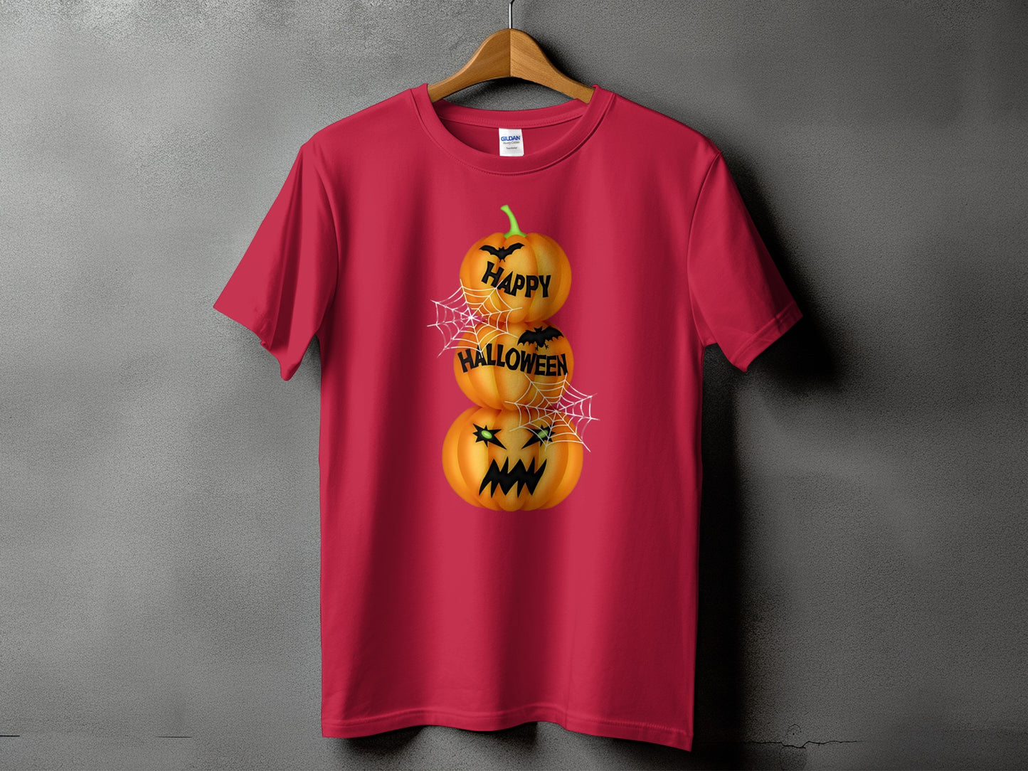 Red t-shirt with stacked jack-o'-lanterns and "Happy Halloween" text.