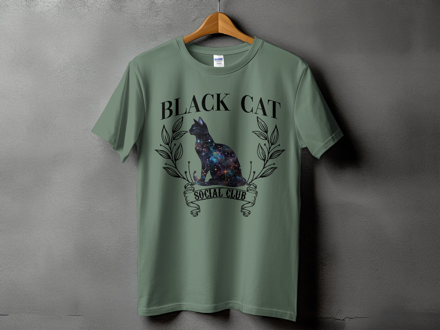 Green t-shirt with "BLACK CAT SOCIAL CLUB" text and a galaxy cat graphic.