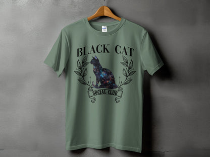 Green t-shirt with "BLACK CAT SOCIAL CLUB" text and a galaxy cat graphic.
