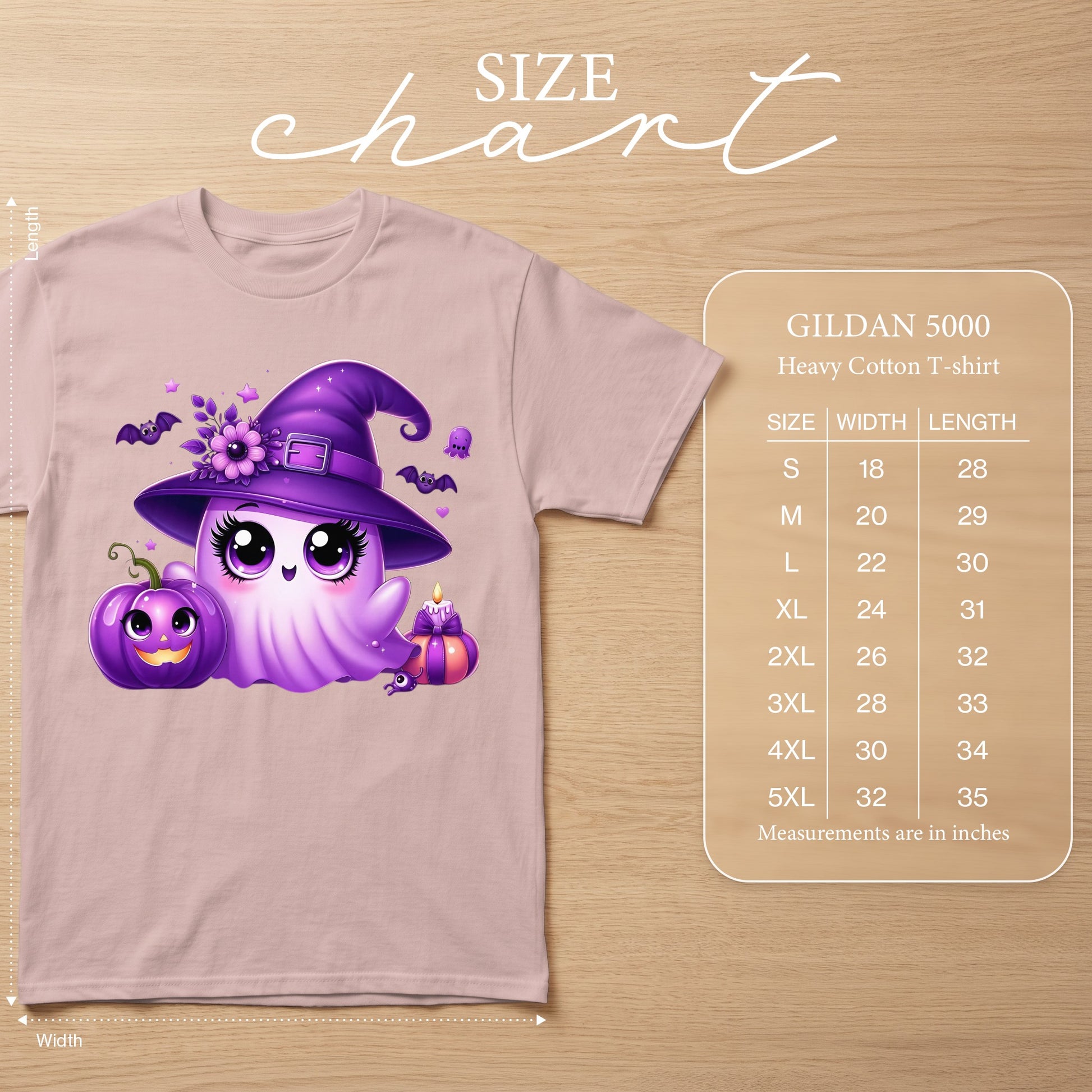 Pink t-shirt with cartoon witch ghost, pumpkin, bat, and candle graphic; size chart included.