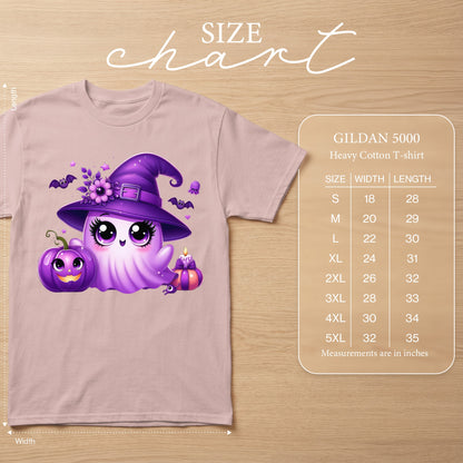 Pink t-shirt with cartoon witch ghost, pumpkin, bat, and candle graphic; size chart included.