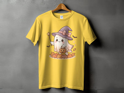 Yellow t-shirt with a Halloween ghost wearing a witch hat, holding a pumpkin and wand.