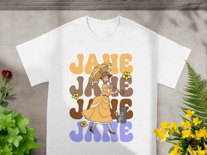 T-shirt with "Jane" text and cartoon of Jane and a gorilla under an umbrella.