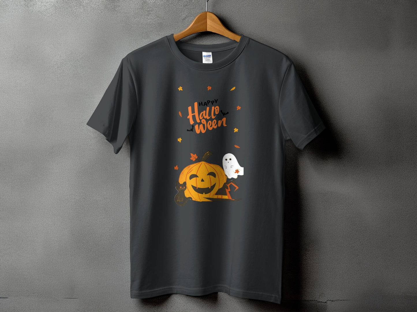 Dark gray t-shirt with "Happy Halloween" text, pumpkin, black cat, and ghost graphic.