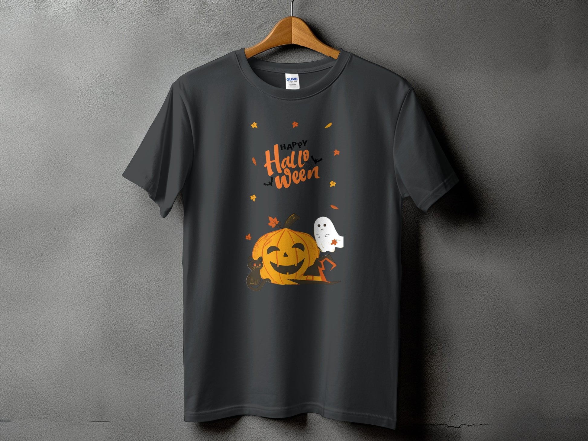 Dark gray t-shirt with "Happy Halloween" text, pumpkin, black cat, and ghost graphic.