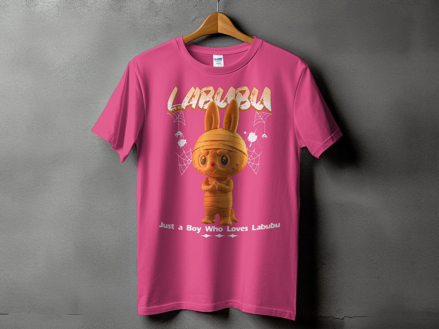 Pink t-shirt with "Labubu" graphic and "Just a Boy Who Loves Labubu" text.