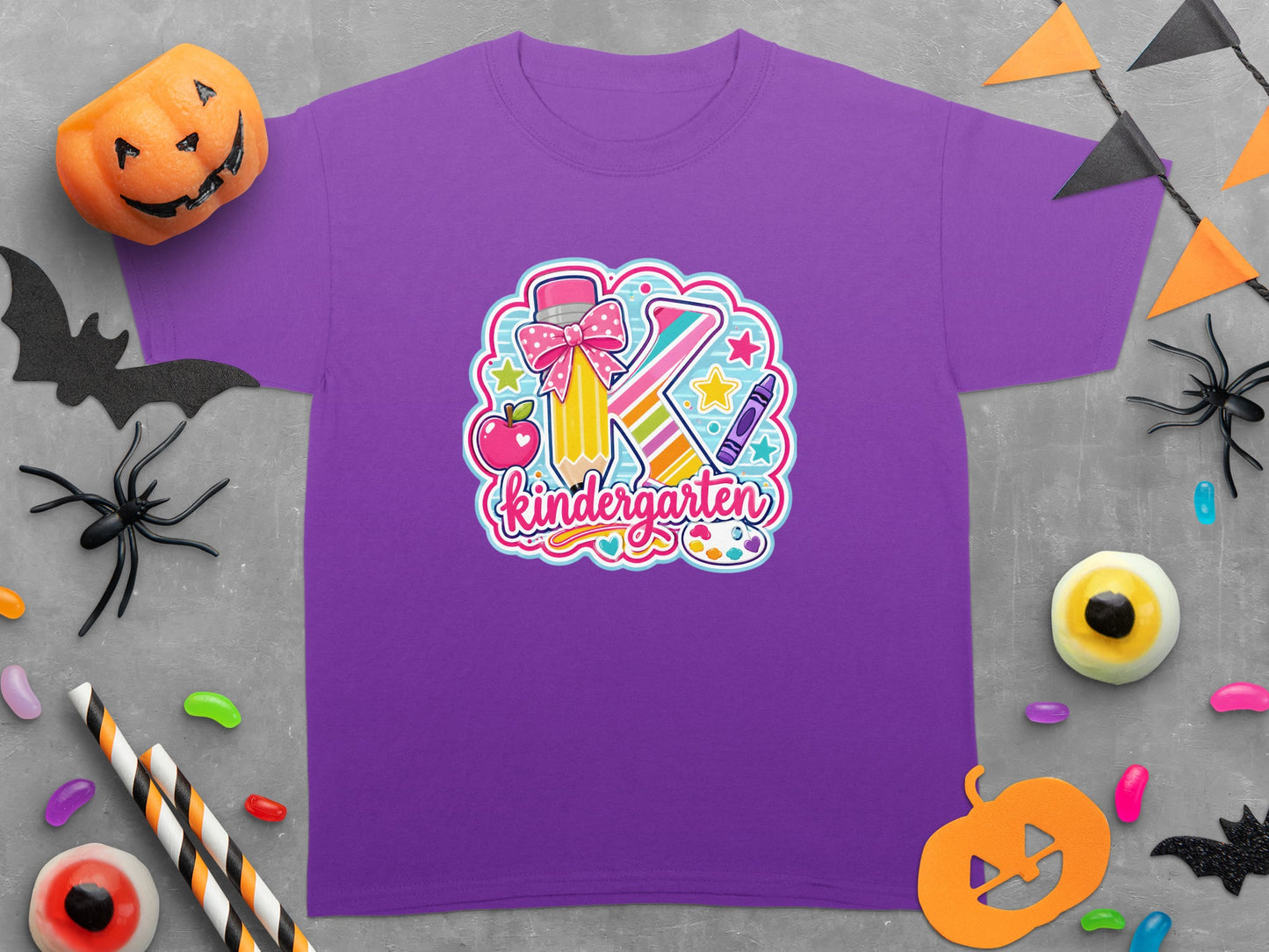 Purple t-shirt with "K Kindergarten" graphic featuring a pencil and apple.