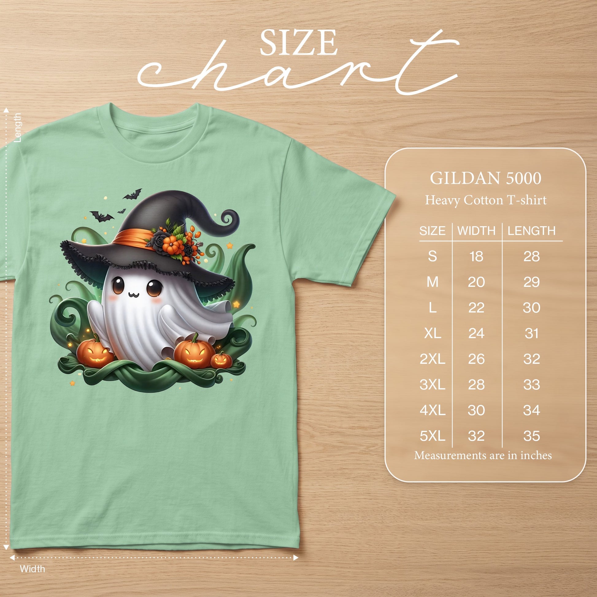 Gildan 5000 Heavy Cotton t-shirt size chart with ghost graphic.