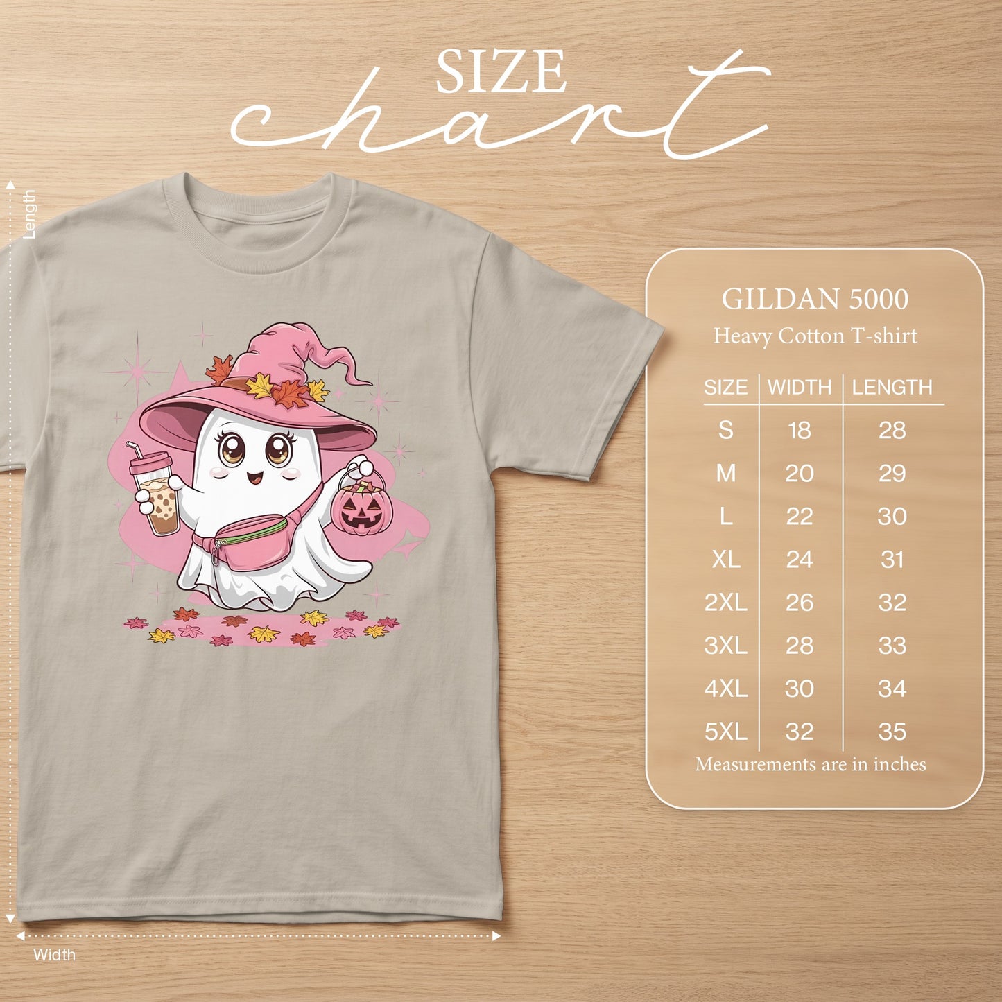 Gildan 5000 heavy cotton t-shirt size chart with cartoon ghost graphic.