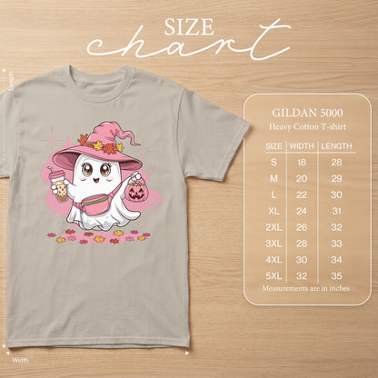 Gildan 5000 heavy cotton t-shirt size chart with cartoon ghost graphic.