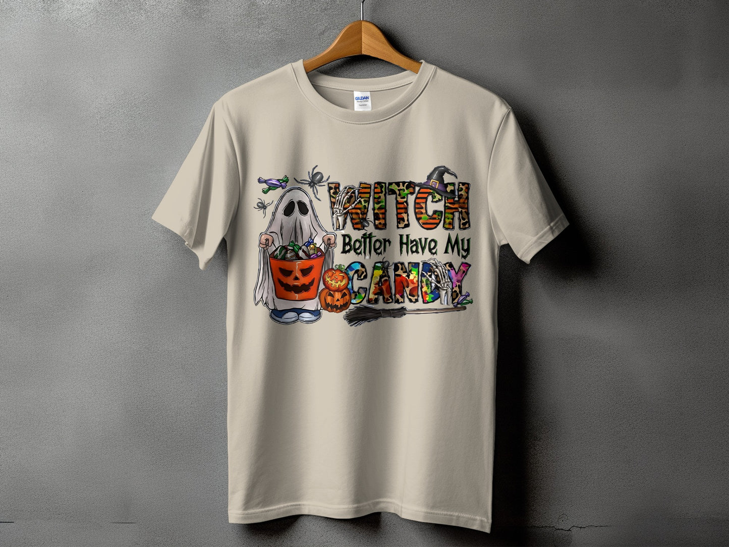 Ghost with pumpkin bucket, witch hat, broom, and "Witch Better Have My Candy" text.