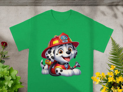 Green t-shirt with Marshall from Paw Patrol wearing a firefighter helmet and backpack.