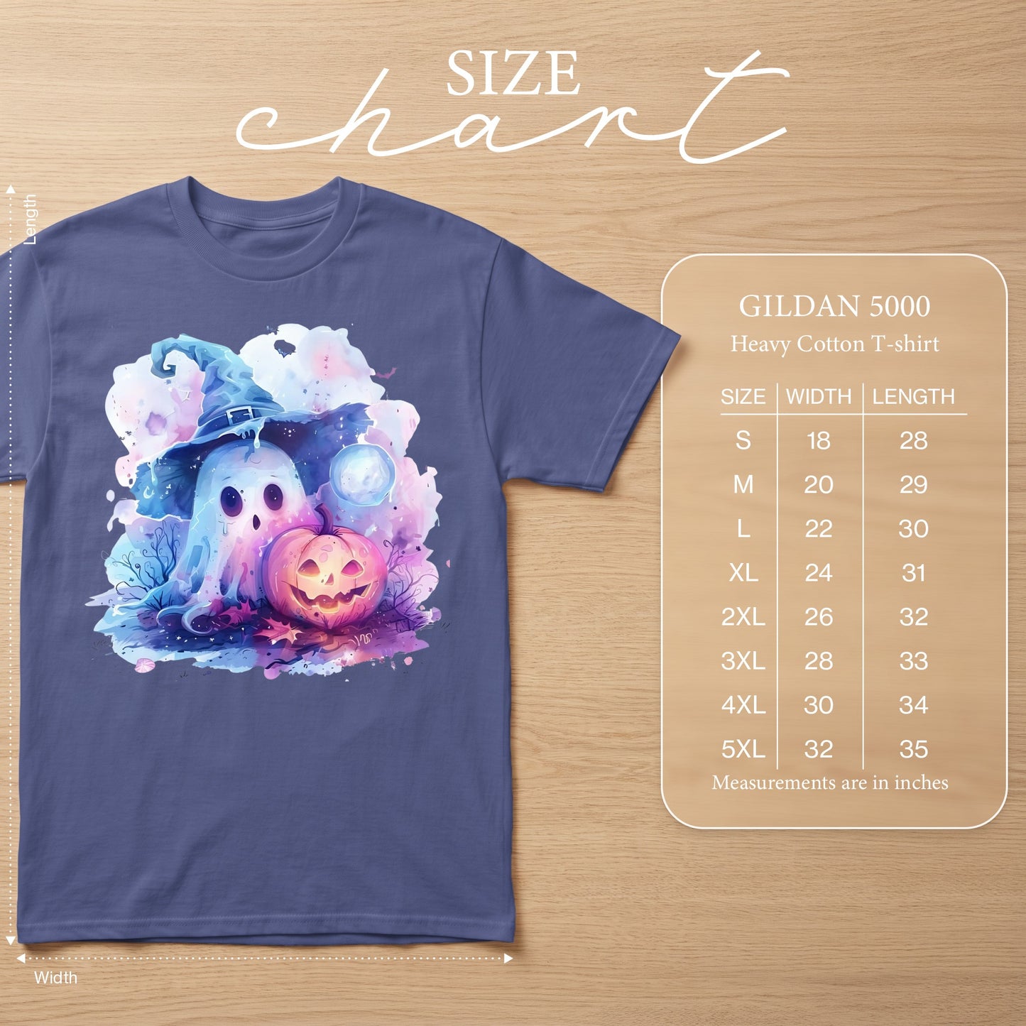 T-shirt with ghost and pumpkin graphic, Gildan 5000 size chart.