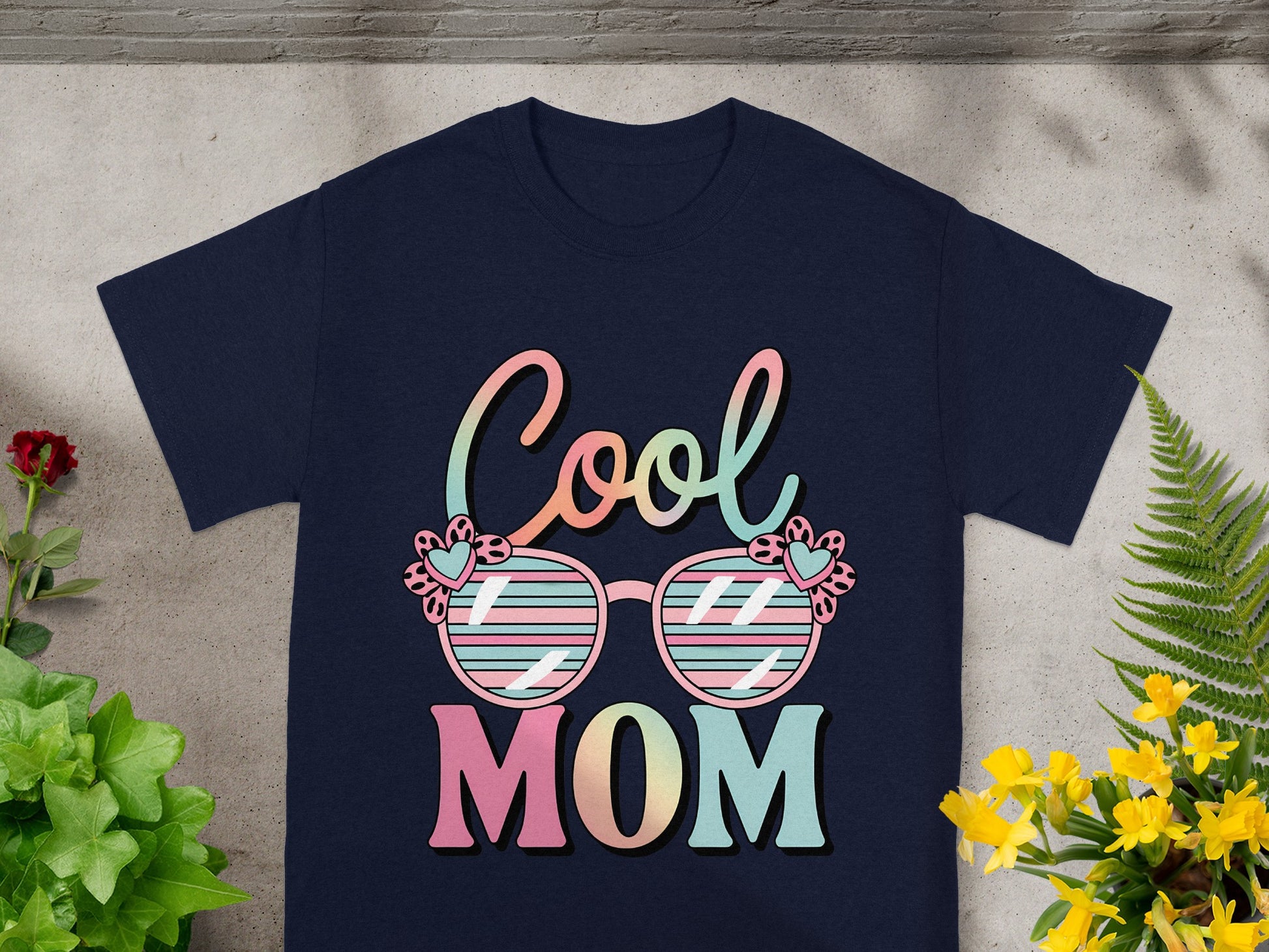 Navy t-shirt with "Cool Mom" text and sunglasses graphic