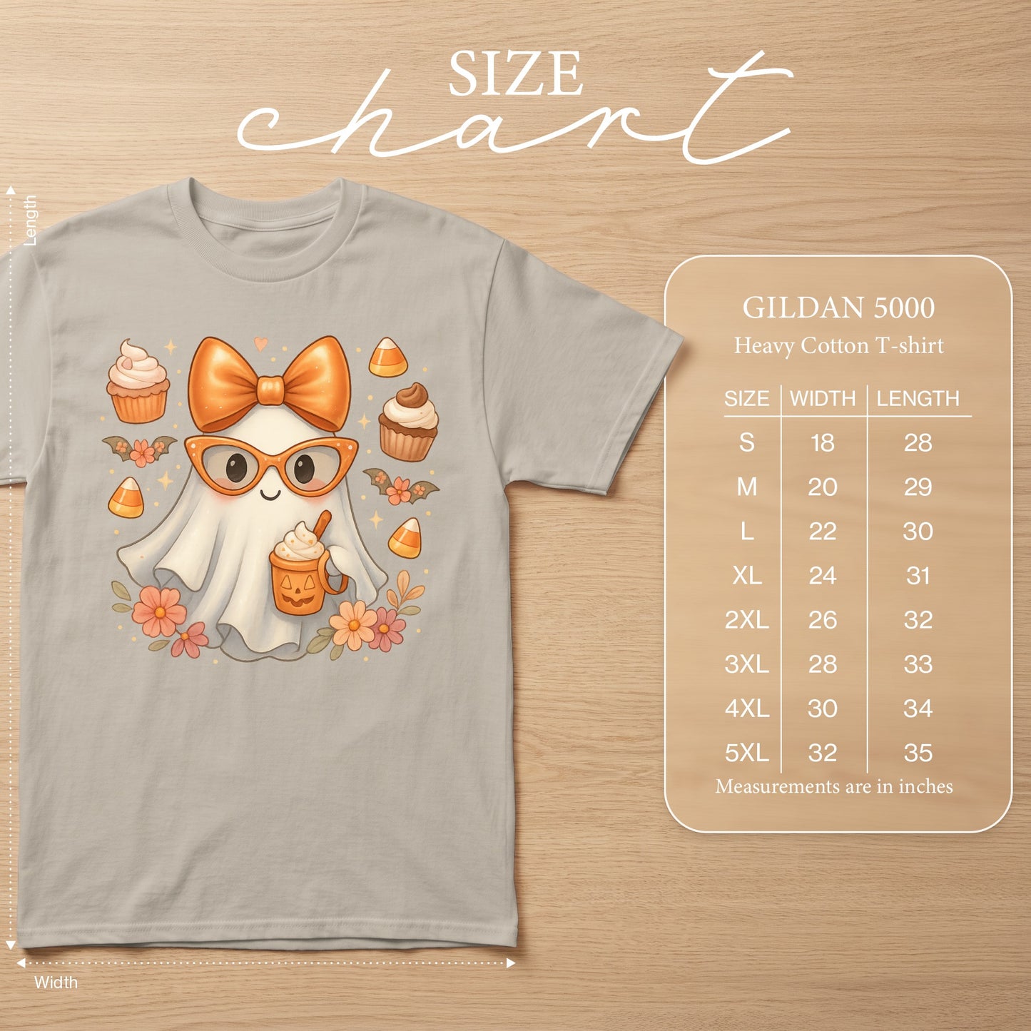Gildan 5000 Heavy Cotton T-shirt with cute ghost graphic and size chart.