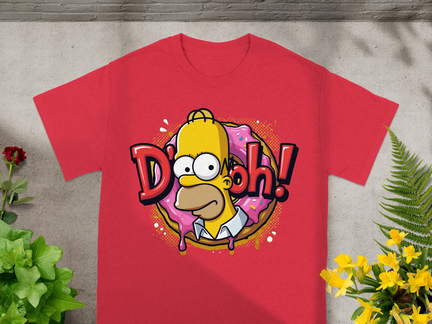 Red t-shirt with Homer Simpson saying "D'oh!" with a donut.