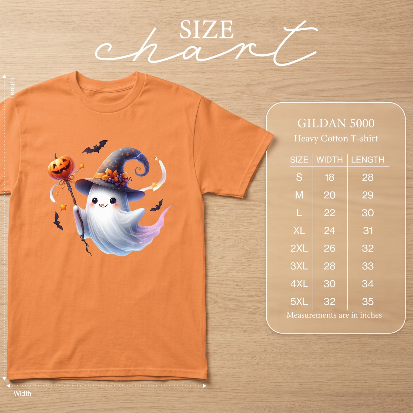 Orange Gildan 5000 t-shirt with cute ghost graphic and size chart.