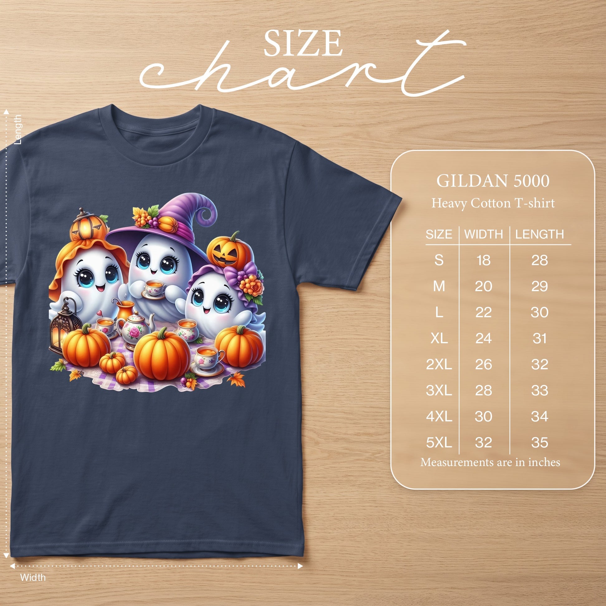T-shirt with three cute ghosts, pumpkins, and tea set graphic; Gildan 5000 size chart.