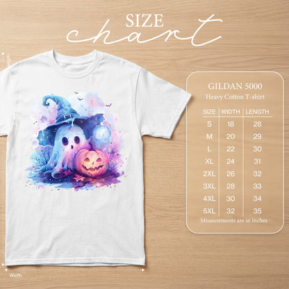 White t-shirt with watercolor ghost, pumpkin, and moon graphic, and size chart.