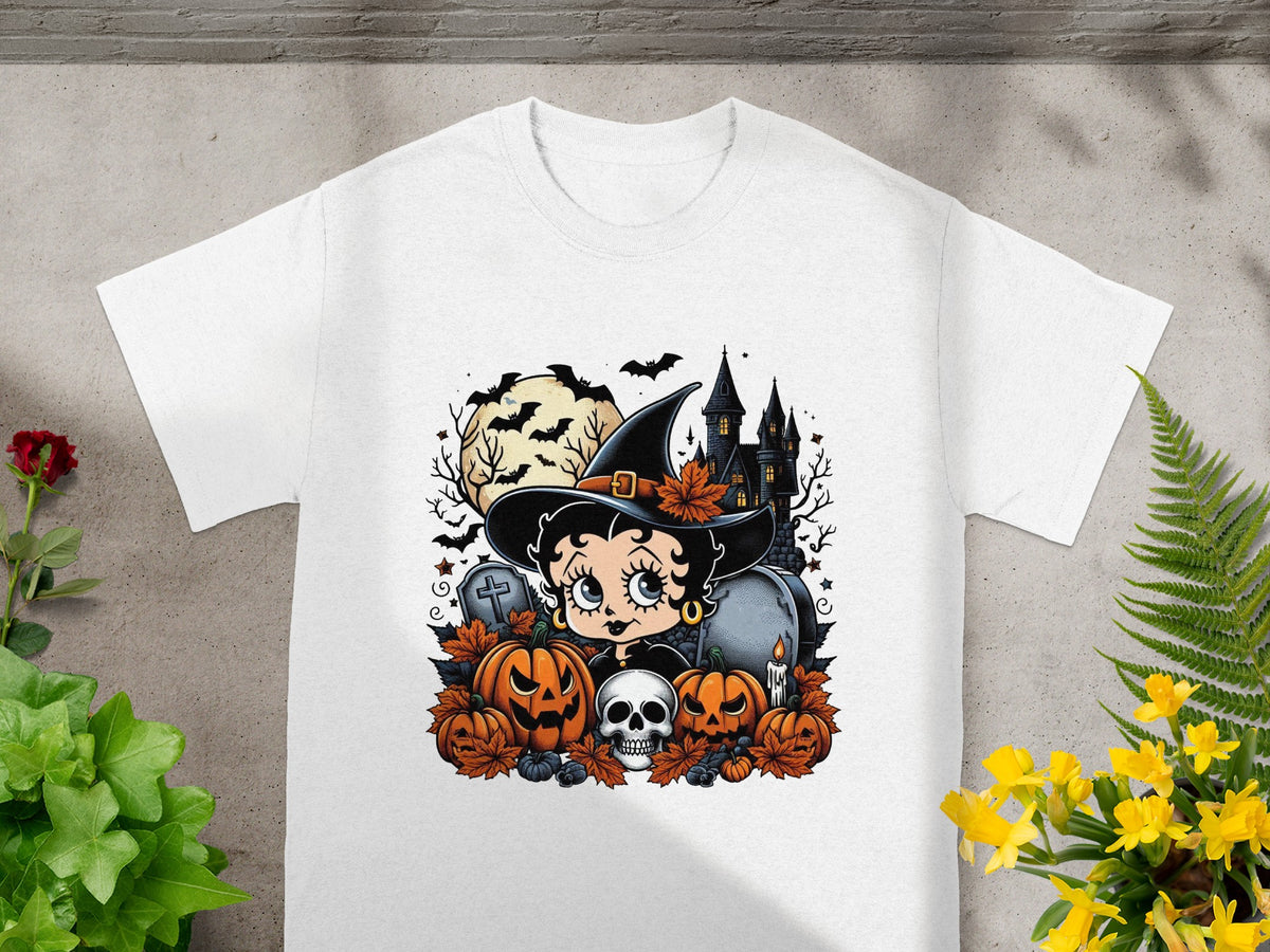 Betty Boop witch costume with pumpkins, skull, graveyard, and haunted house.