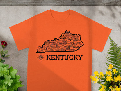 Kentucky Map with Compass Design Orange Shirt