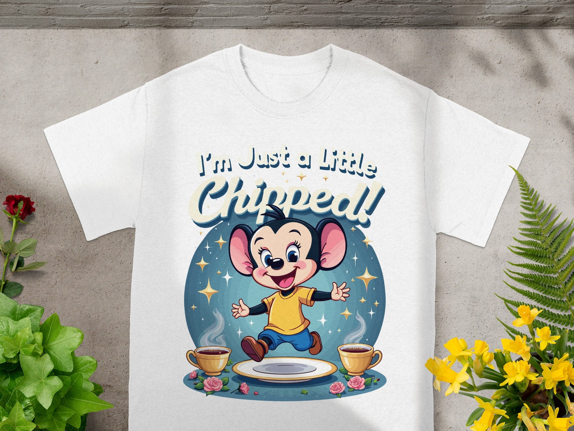 White t-shirt with cartoon mouse and text "I'm Just a Little Chipped!".