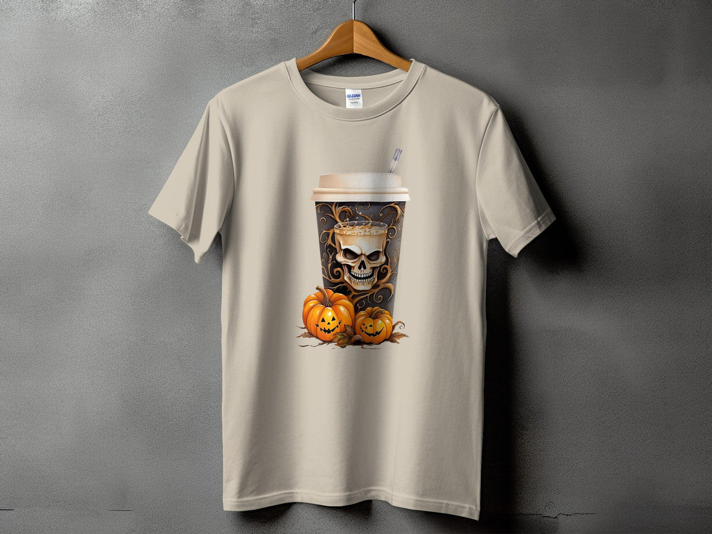 T-shirt with a Halloween graphic of a coffee cup with a skull and pumpkins.