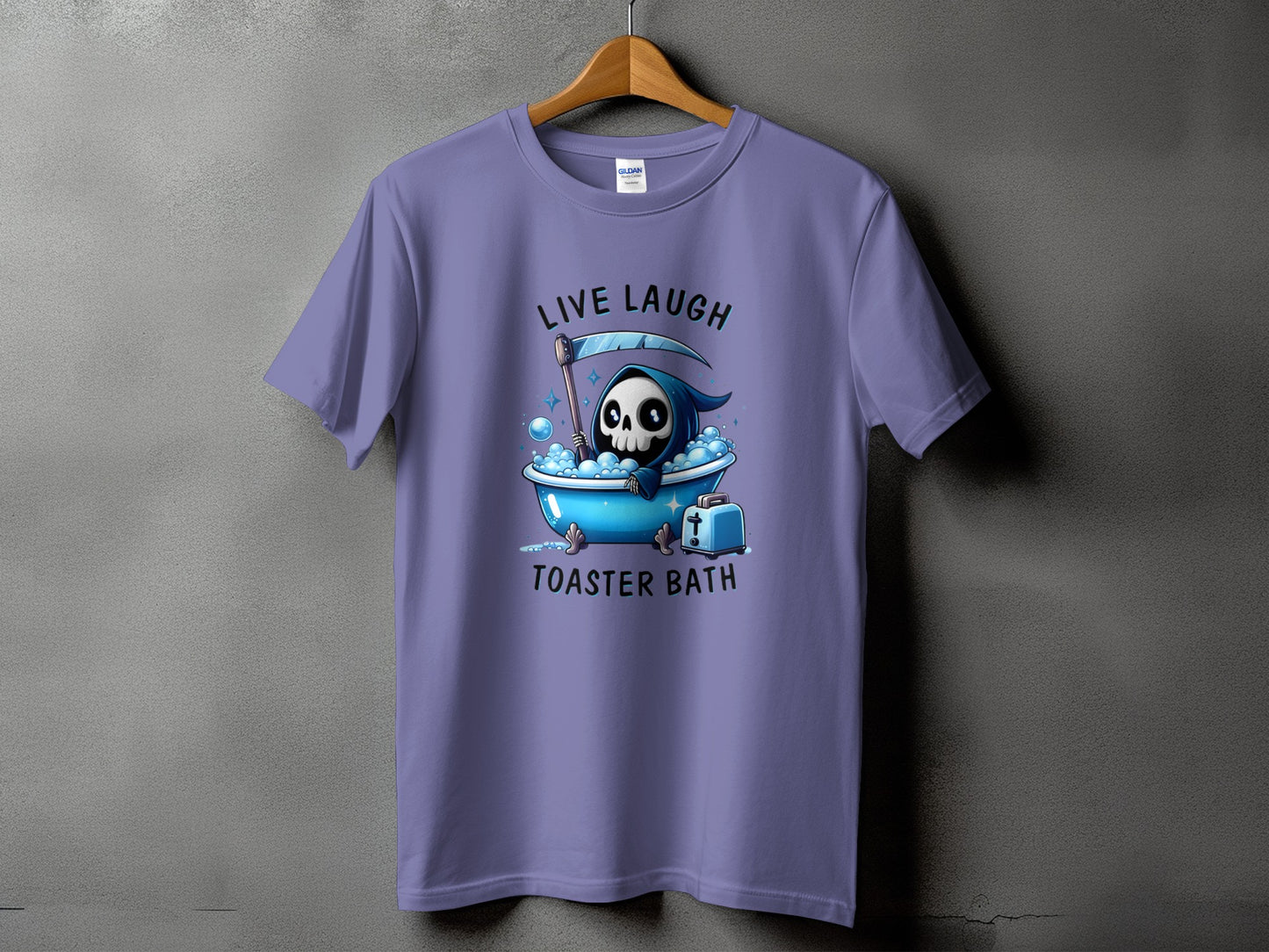 Purple t-shirt with grim reaper in bathtub and text "Live Laugh Toaster Bath".