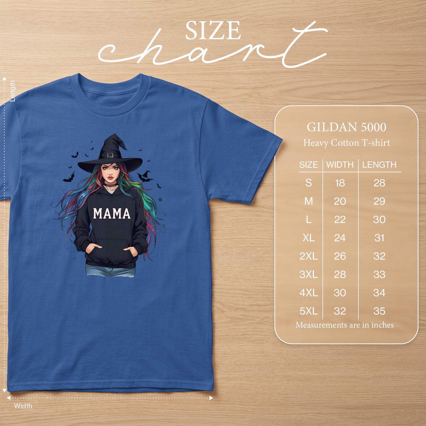 Blue Gildan 5000 t-shirt with witch graphic and size chart.