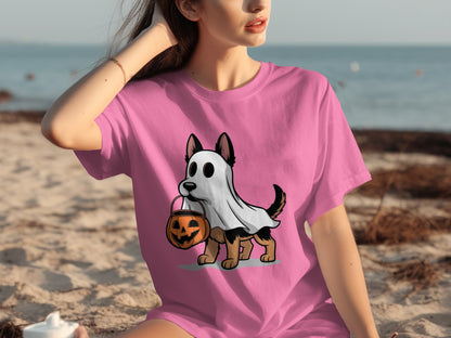 Adorable Puppy Ghost with Pumpkin on Pink T-Shirt