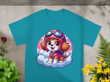 Paw Patrol Skye on a cloud wearing pink goggles and helmet, teal t-shirt.