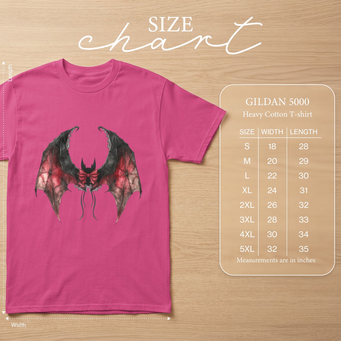 Pink t-shirt with bat wings graphic and Gildan 5000 size chart.