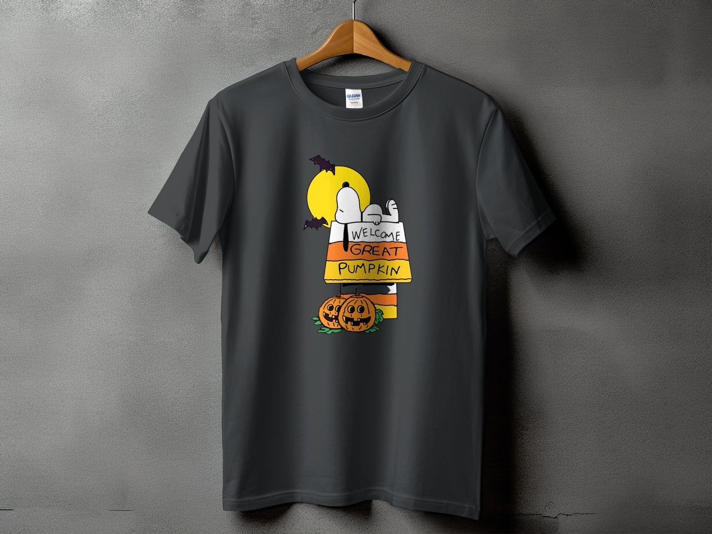 Snoopy on candy corn house with pumpkins and bats, text "Welcome Great Pumpkin".