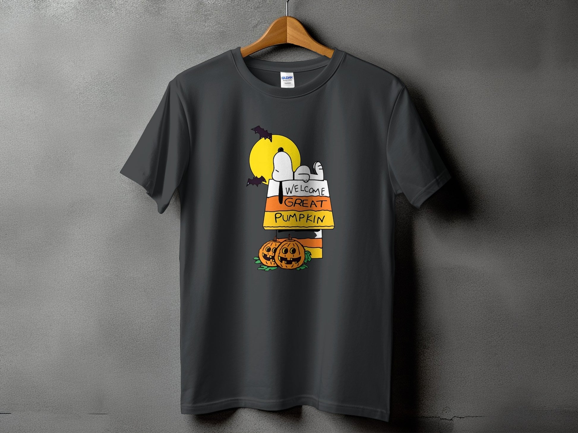 Snoopy on candy corn house with pumpkins and bats, text "Welcome Great Pumpkin".