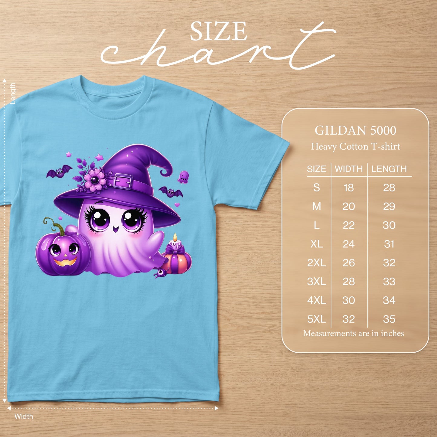 Light blue Gildan 5000 t-shirt with a cute purple ghost wearing a witch hat.