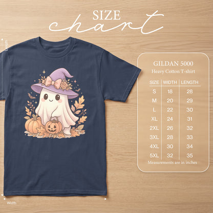 Size chart for Gildan 5000 Heavy Cotton T-shirt with cute ghost graphic.