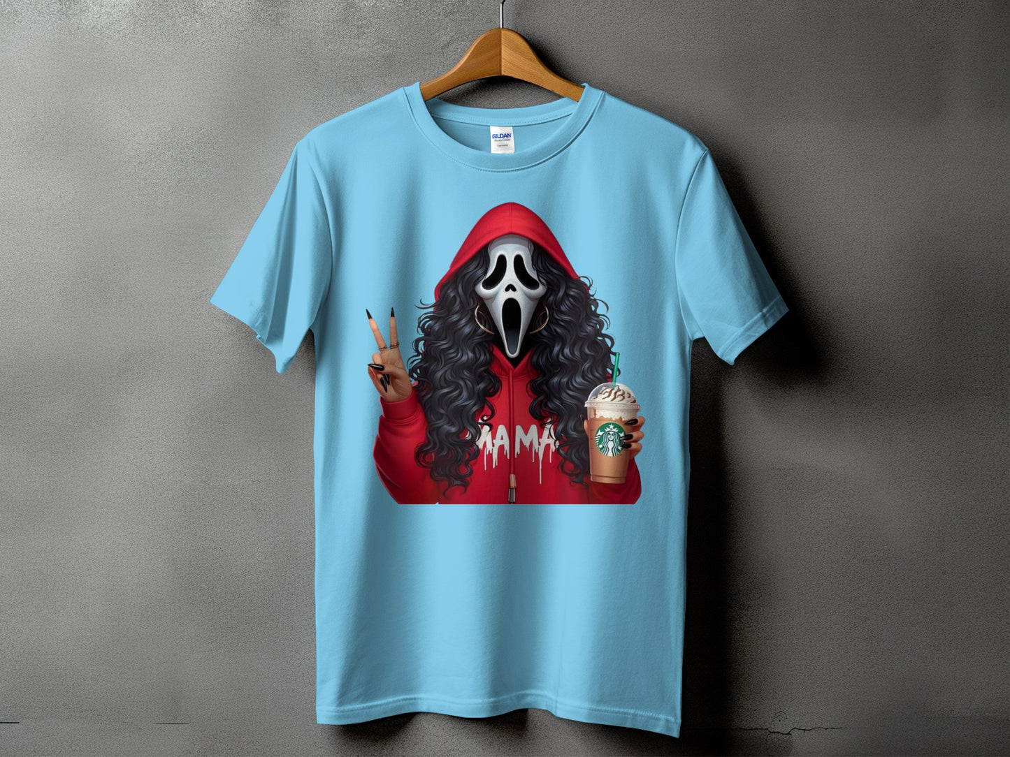 Ghostface in red hoodie holding coffee cup with "MAMA" text and peace sign
