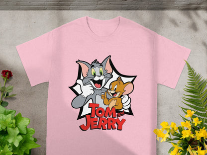 Pink t-shirt with Tom and Jerry cartoon characters in a comic-style graphic.