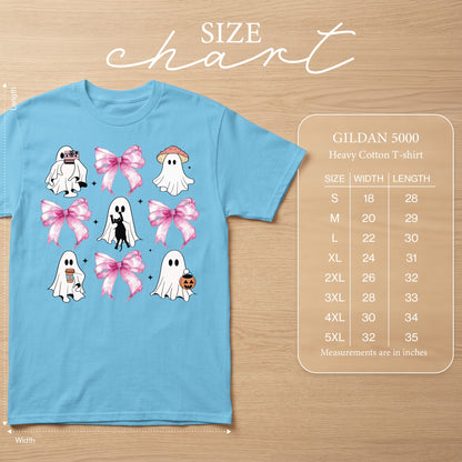 Light blue t-shirt with ghost, cat, and bow graphic and Gildan 5000 size chart.