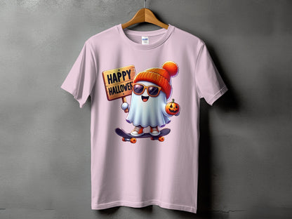 Ghost wearing beanie and sunglasses on skateboard with "Happy Halloween" sign.