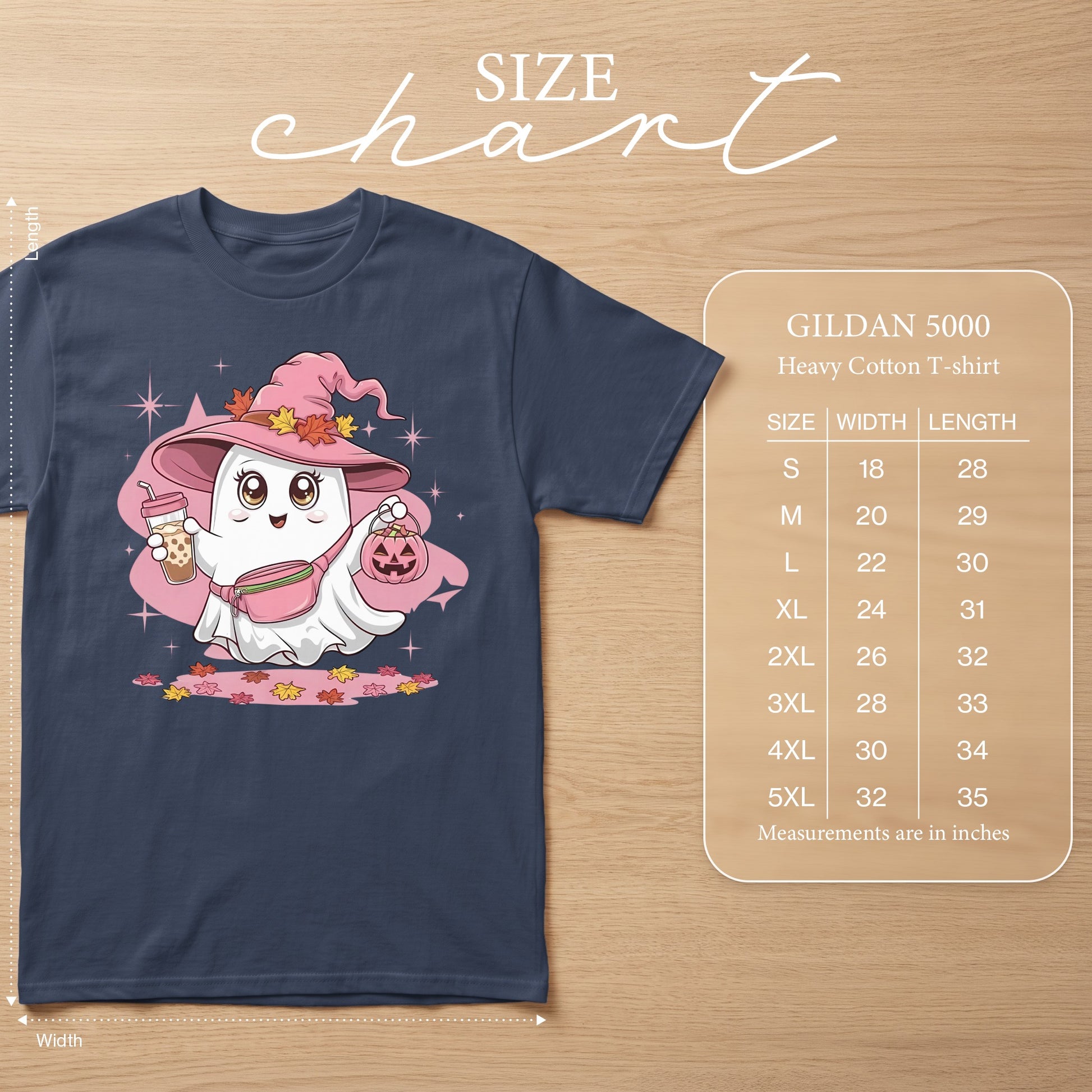 Gildan 5000 Heavy Cotton T-shirt size chart with cartoon ghost.