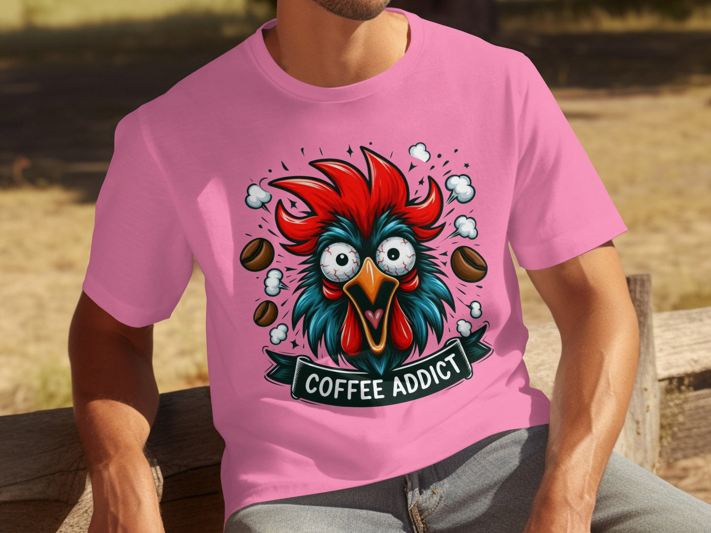 Coffee Addict Rooster Cartoon Graphic T-Shirt