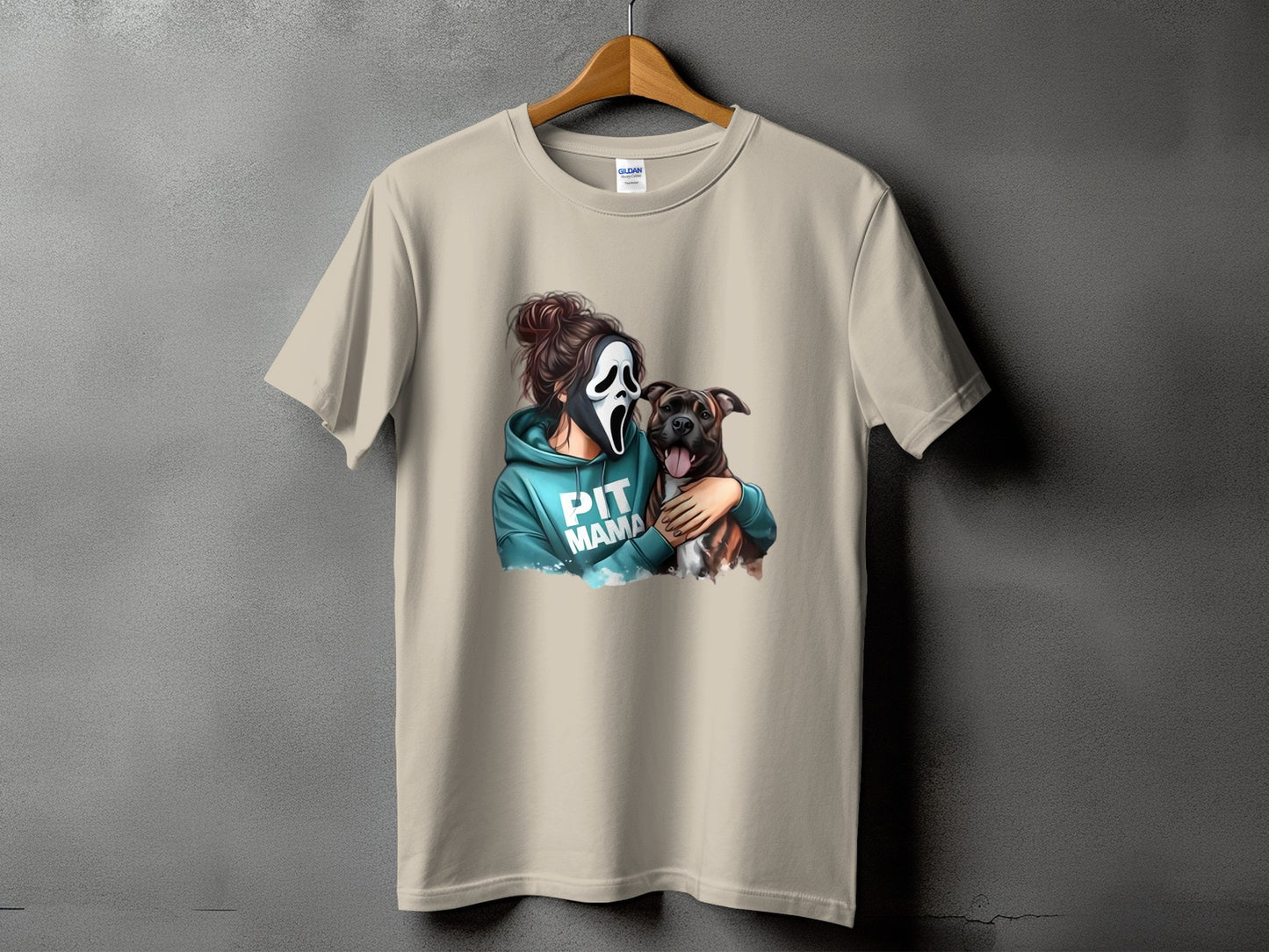 Graphic of a person in a Ghostface mask hugging a pit bull, with "PIT MAMA" text.
