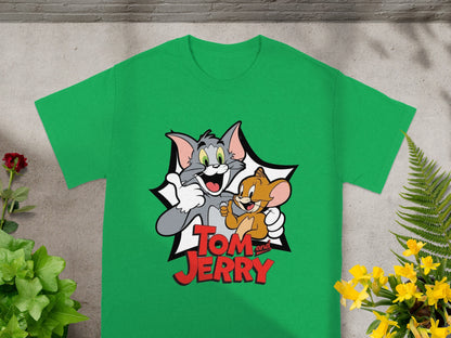 Tom and Jerry cartoon characters smiling on a green t-shirt.