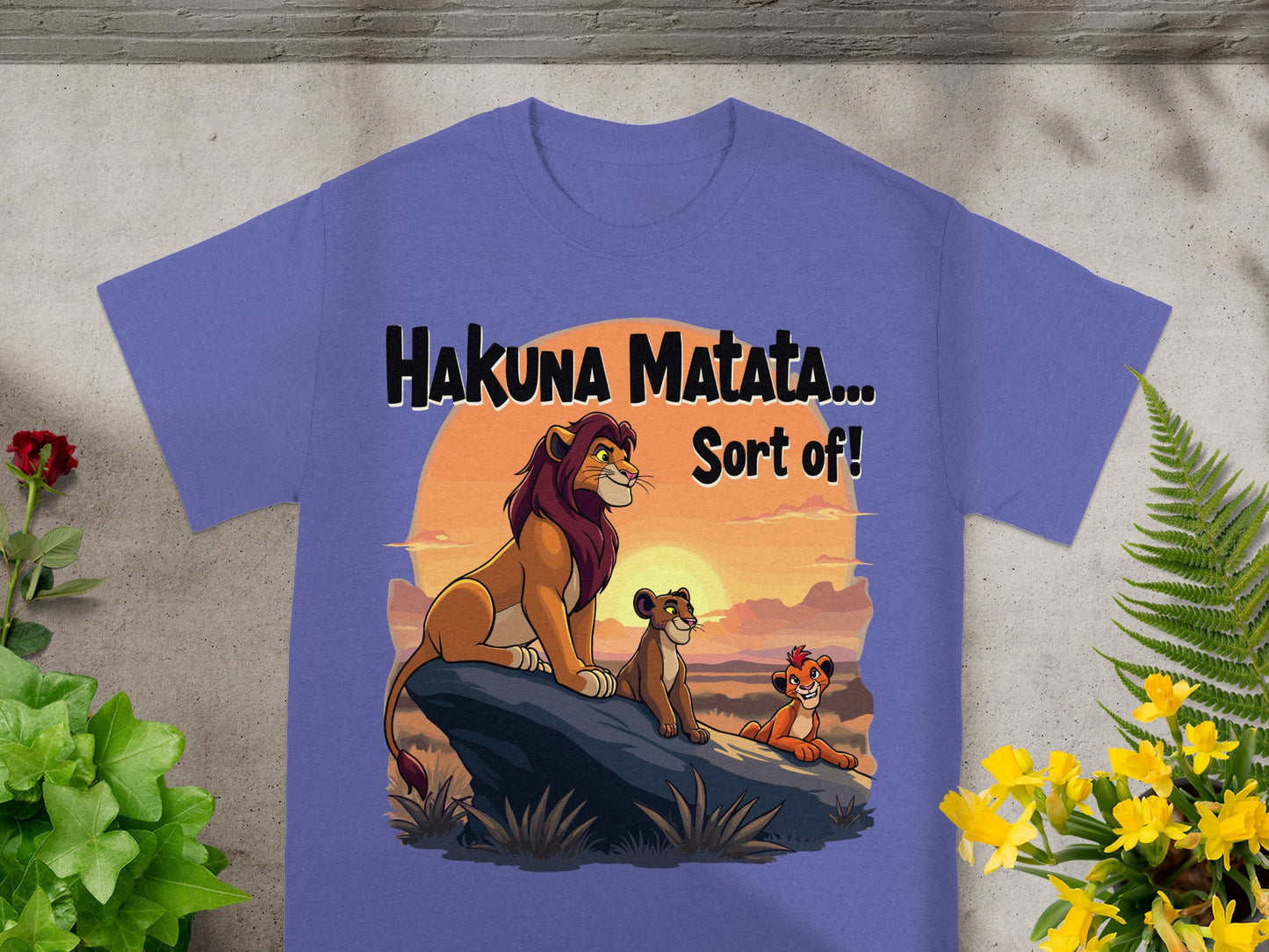 Lion King characters Simba, Nala, and Timon on a rock with "Hakuna Matata... Sort of!"