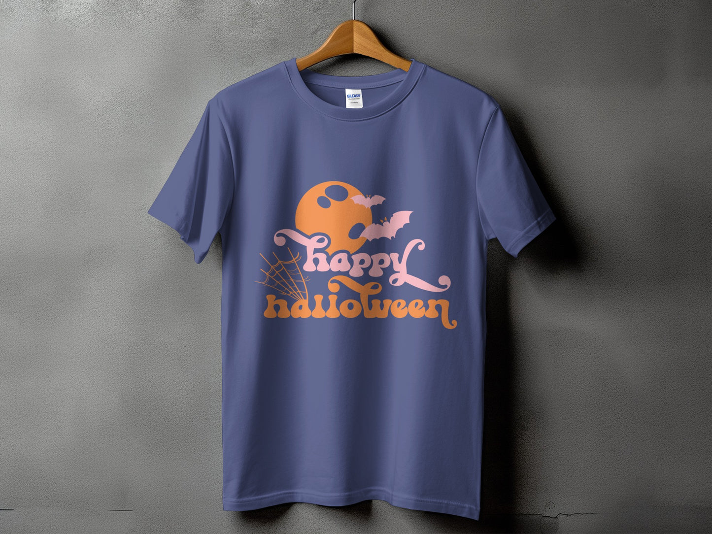 Purple t-shirt with "Happy Halloween" graphic featuring moon, bats, and spiderweb.