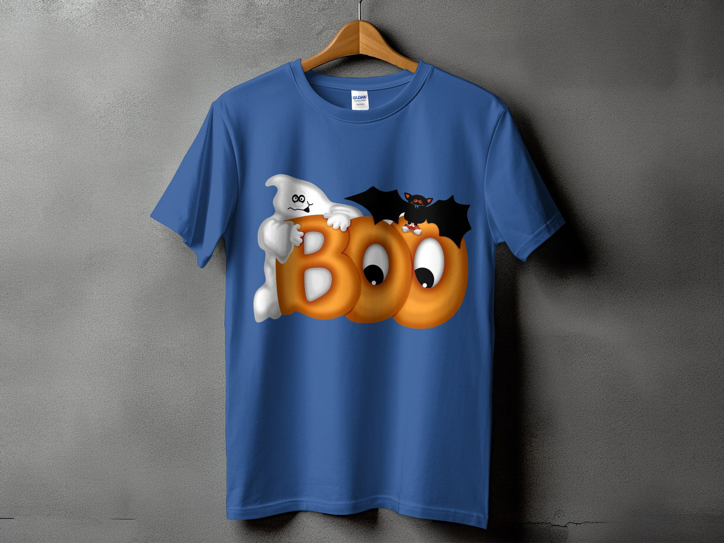 Blue t-shirt with a cartoon ghost and bat over "BOO" text.