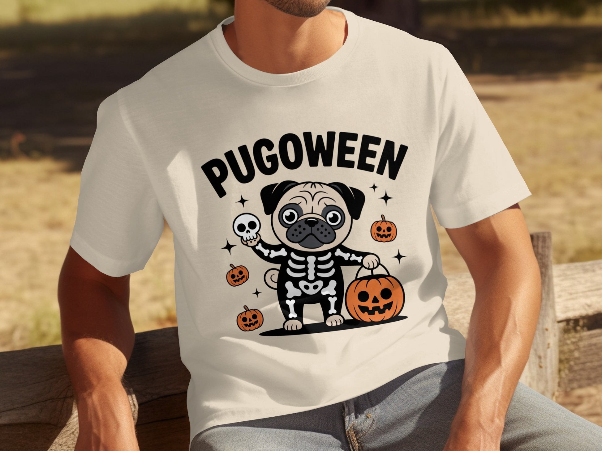 Pugoween Skeleton Dog Halloween Graphic T-Shirt