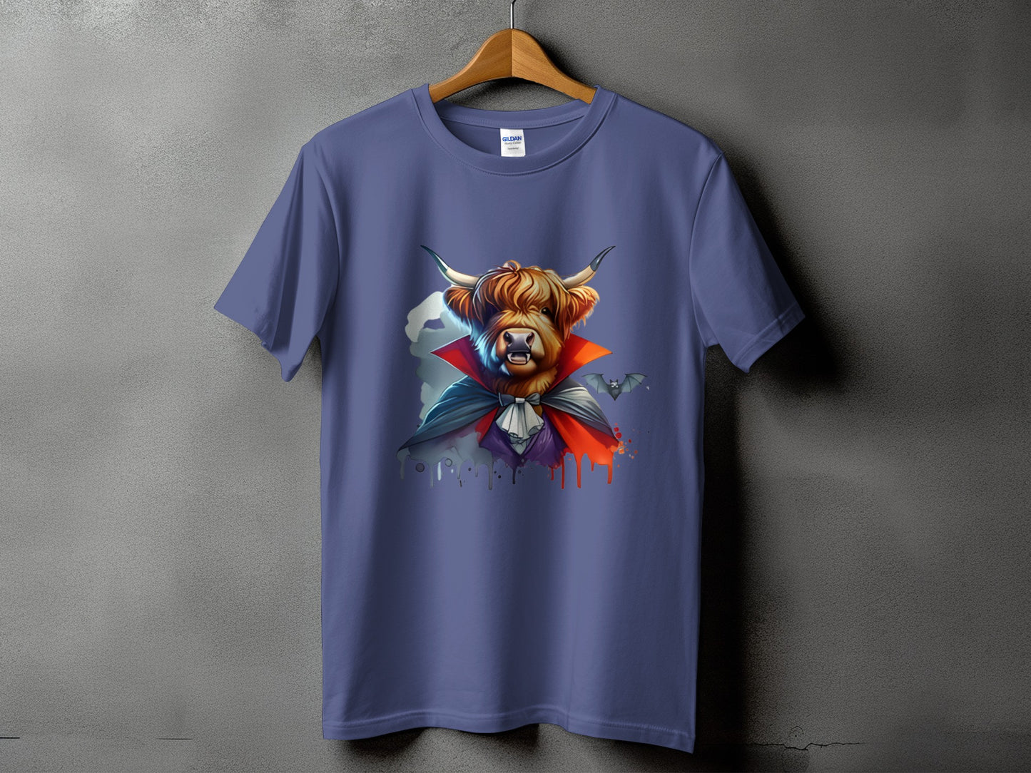 T-shirt with highland cow dressed as a vampire with bats.