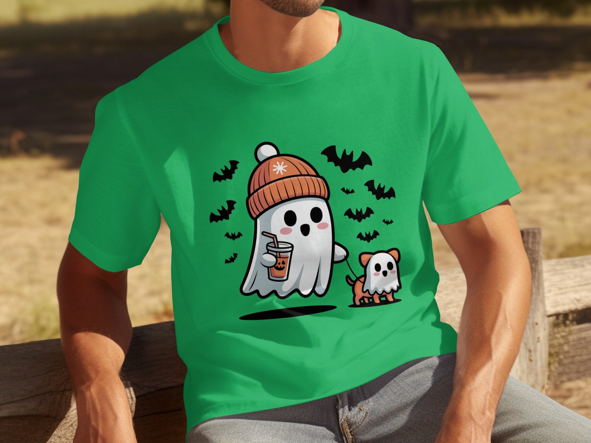 Cute Ghost with Dog and Bats Graphic Design T-Shirt